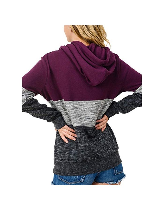 Fall Winter New Women Stitching Color Zipper Casual Hoodies