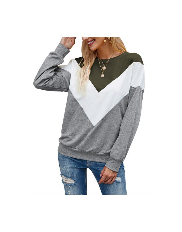 Fall Winter Women New Three-color stitching Round Neck Long Sleeve Sweatshirt