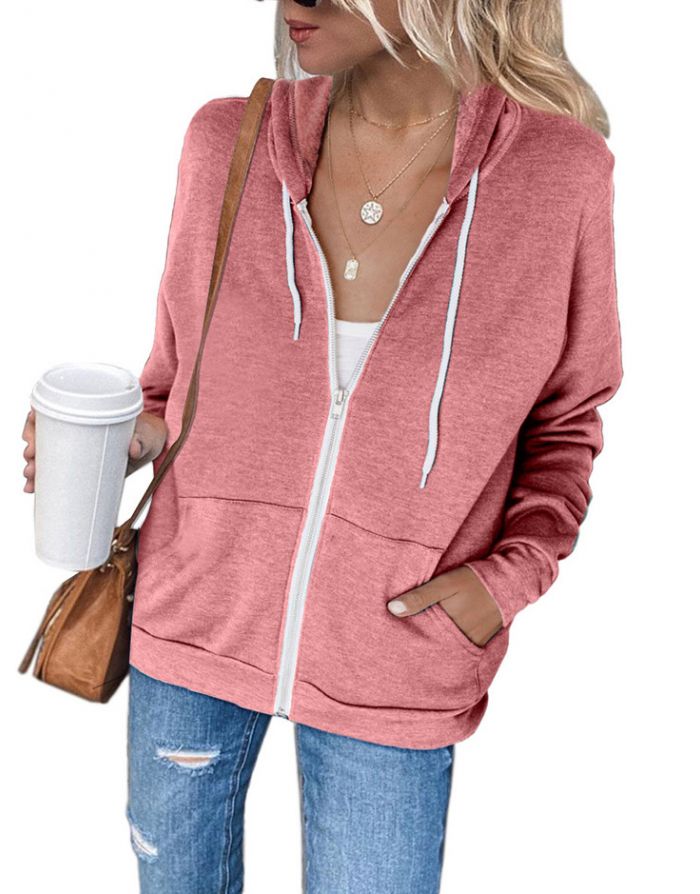 Fall Winter New Zipper Hooded Sweatshirt Women Pockets Loose Casual Solid Color Coat