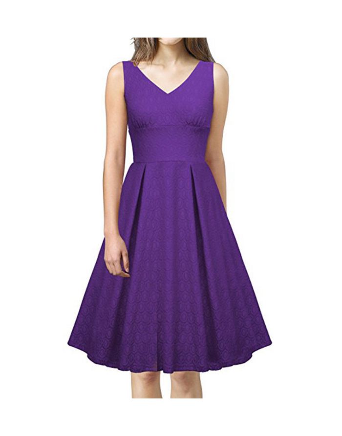 Purple Dress Sleeveless V-Neck Jacquard Solid Color Homecoming Dress Midi Swing Party Evening Dresses