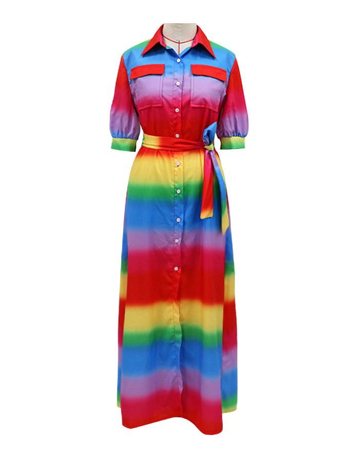 Multicolor Dress Rainbow Striped Half-sleeve Lapel Single Breasted Belted Casual Maxi Summer Dresses
